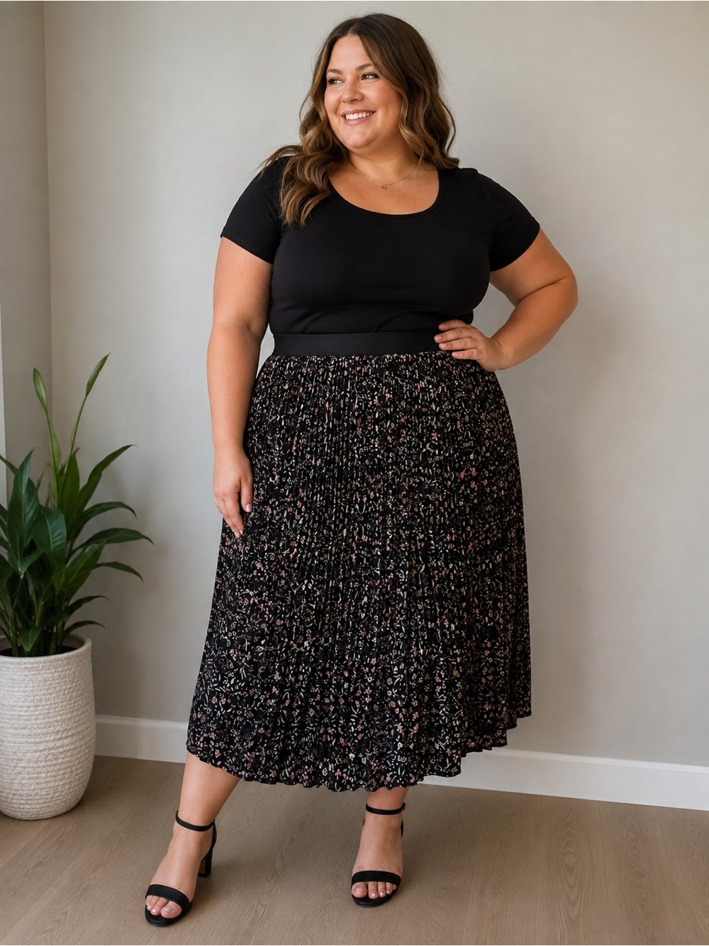 Black Floral Pleated Midi Skirt - Plus Size 16